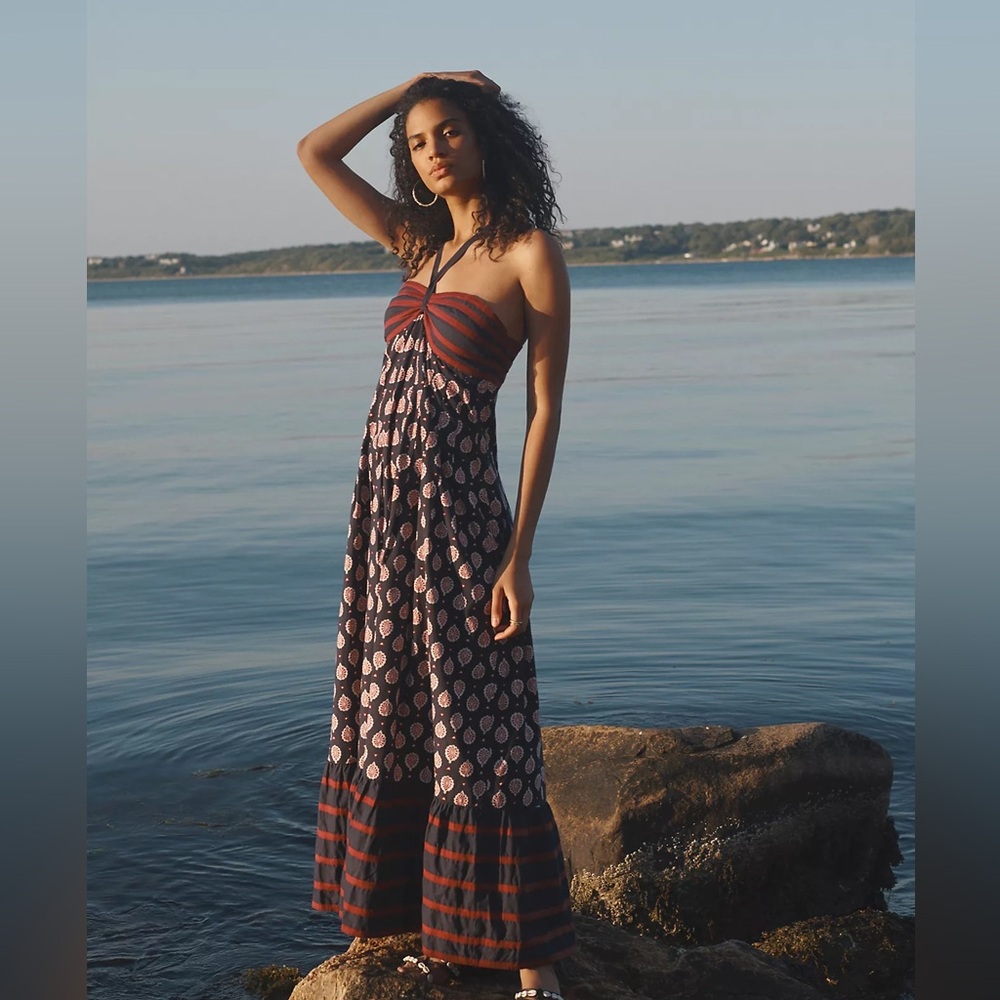 Anthropologie Zosime Abstract Halter Maxi Dress $178 Size 8 Blue & Brown Boho